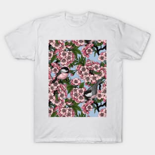 Cherry blossom and chickadees on sky blue T-Shirt